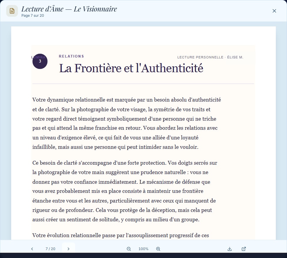 Lecteur PDF du Sanctuaire : chapitre ouvert, navigation entre les pages et commandes de zoom.